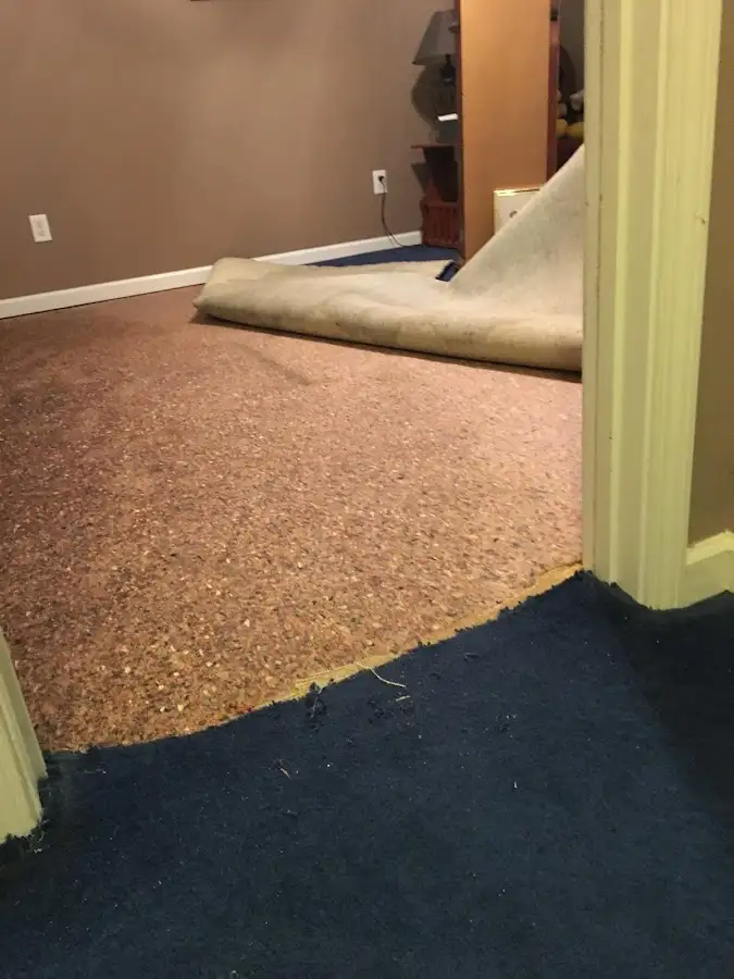Carpet pad removal revealing water damage during Water Mitigation Services in Palm Beach